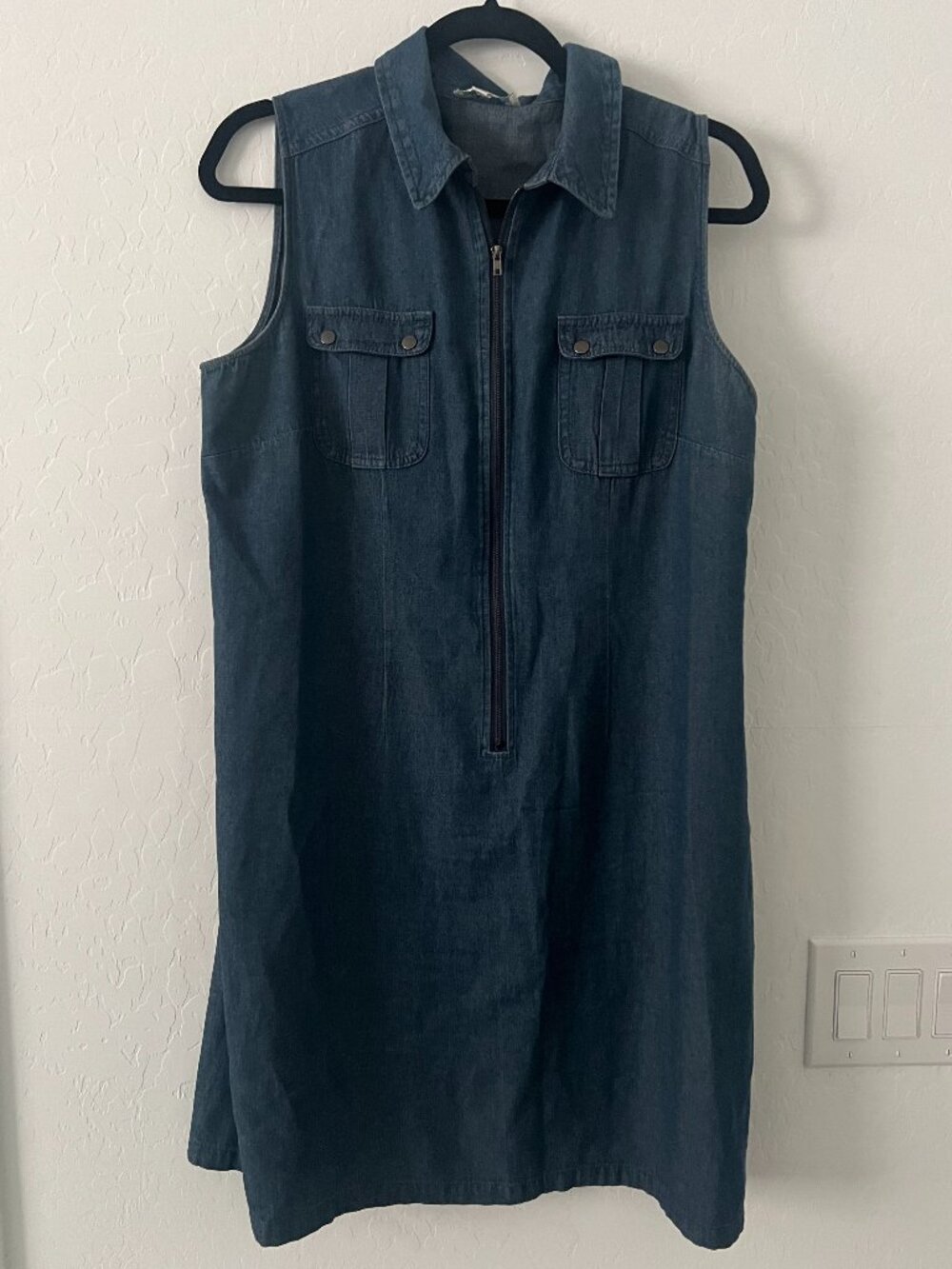 J Gee Cotton hambray Denim Dress Womens L Sleeveless Zip Front Shirt Dress